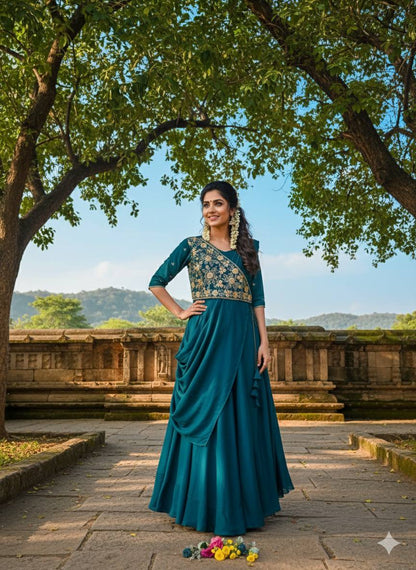 Aqua Meenakari Saree-Anarkali with embroidered bodice, half sleeves, and draped skirt.