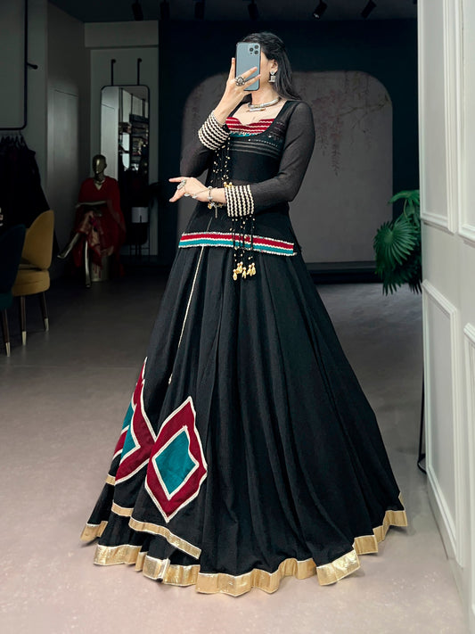 RangBhoomi Navratri 2026 Marble Fabric Festive Lehenga Set with Lace and Cowrie Bell Accents