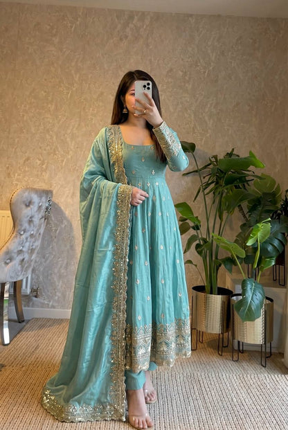 RangBhoomi Designer Embroidered Party Gown with Dupatta & Pant — Heavy Fandy Silk, 17 Colours