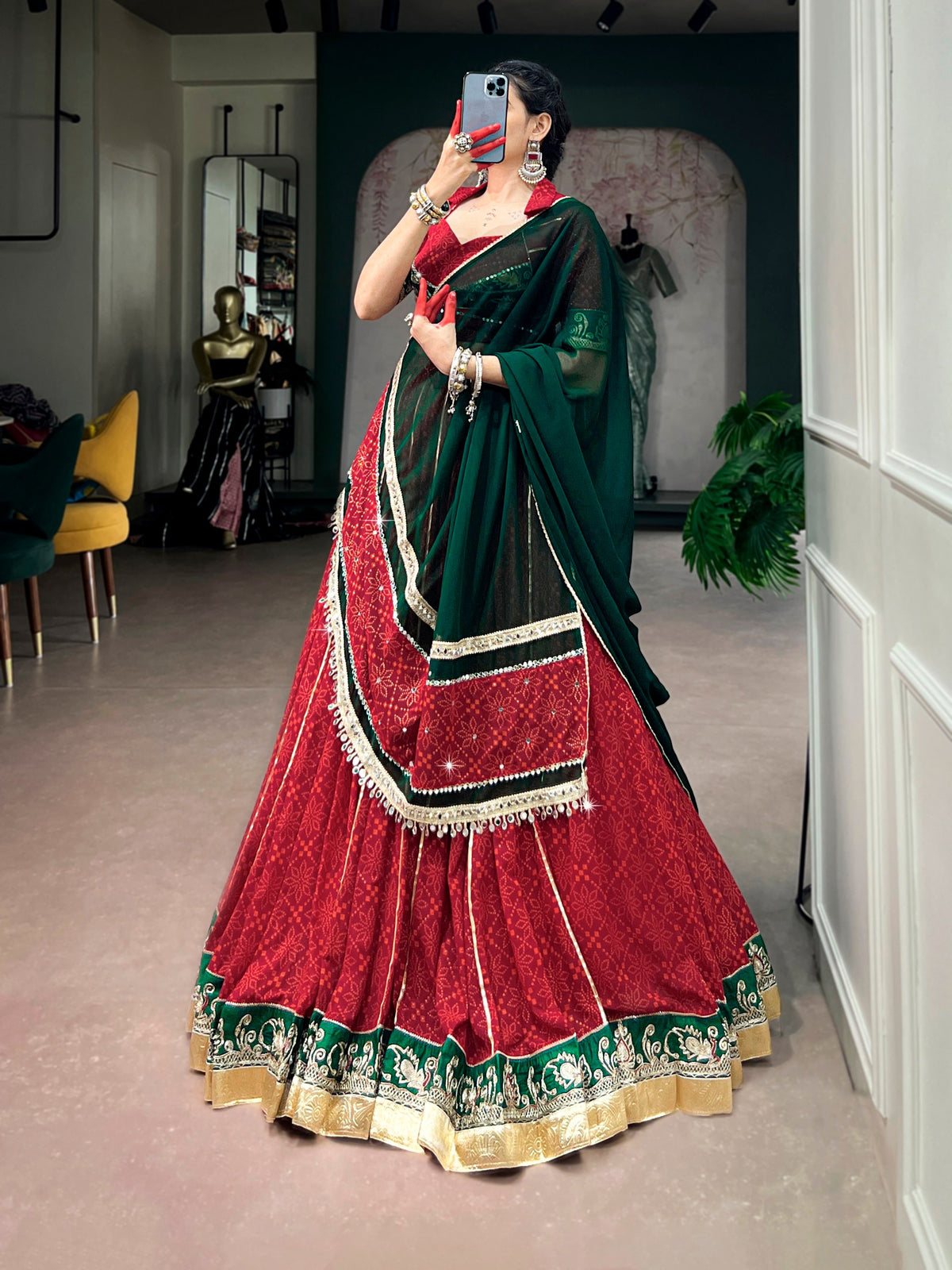 RangBhoomi Navratri 2026 Georgette Bandhej Foil Print Lehenga Set with Mirror Lace Dupatta