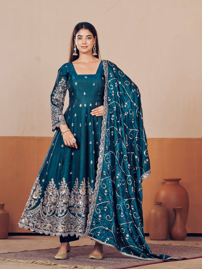RangBhoomi Designer Party Wear Gown Set — 10 Colors, Heavy Jelly Shimmer Silk, Fully Stitched Embroidered Gown with Dupatta & Micro-Cotton Pant