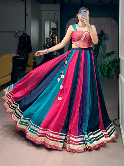 RangBhoomi Navratri Collection 2026 Multicolor Chinon Lehenga with Zari Blouse & Tassel Details
