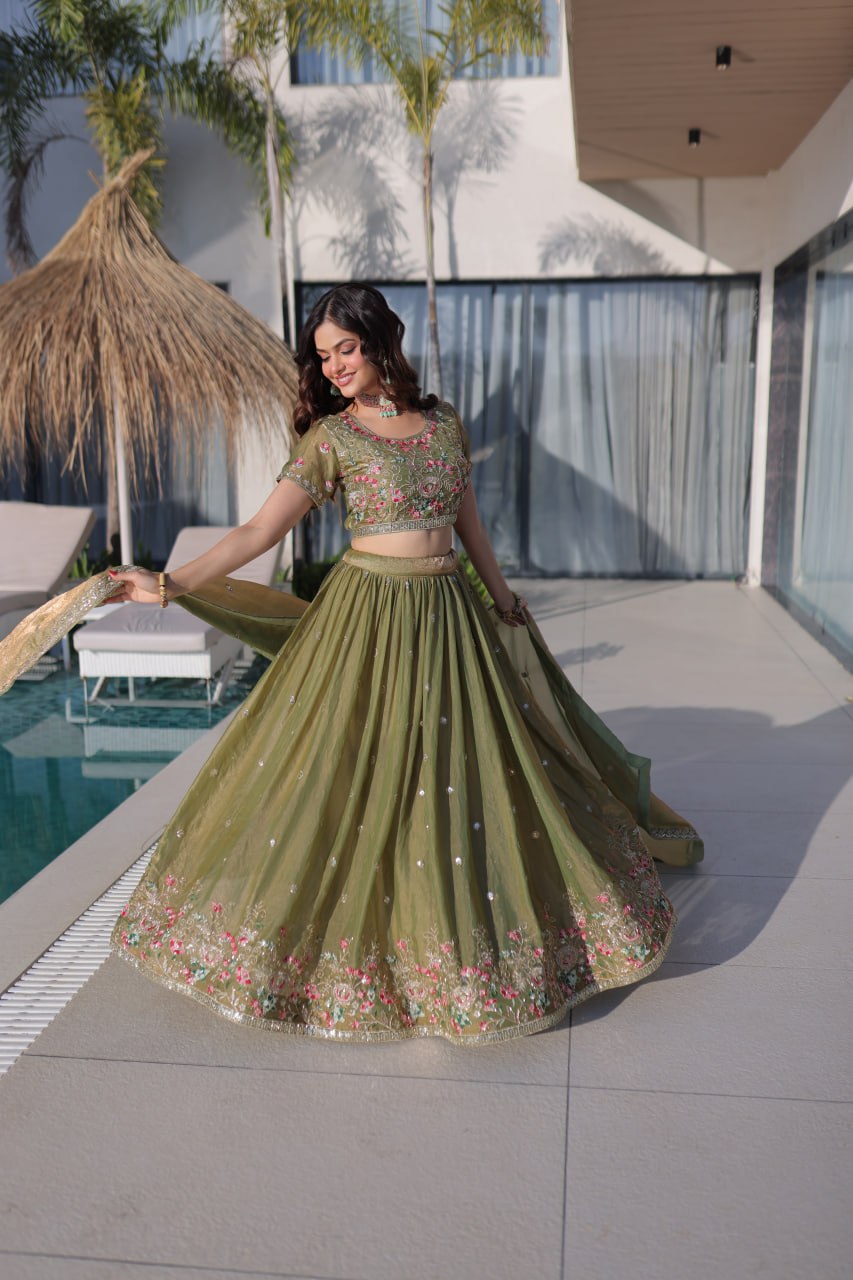 Elegant Lehenga Choli and Dupatta Ensemble in Fendi Silk with Multi-Thread Embroidery