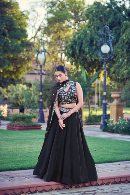 Elegant Black Lehenga Choli Set with Sequins and Thread Embroidery – Traditional Festive and Wedding Wear
