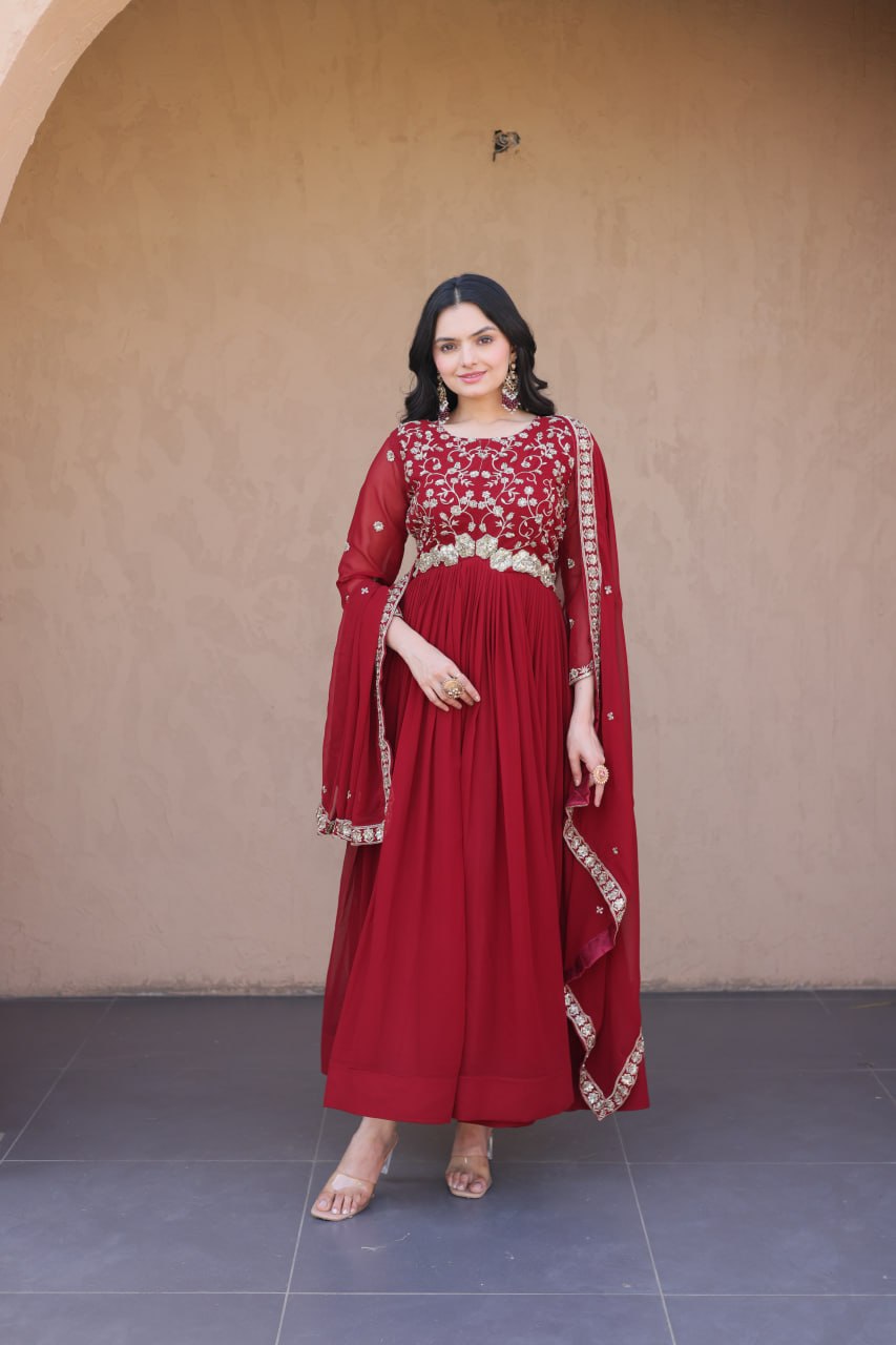 Elegant Gown and Dupatta Set with Embroidered Faux Blooming Fabric by RangBhoomi