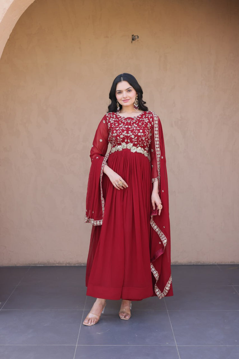 Elegant Gown and Dupatta Set with Embroidered Faux Blooming Fabric by RangBhoomi
