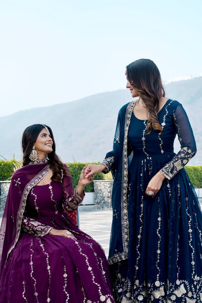 RangBhoomi Festival Long Gown with Matching Dupatta – Elegant Fox Georgette Ensemble with Heavy Sequin Embroidery