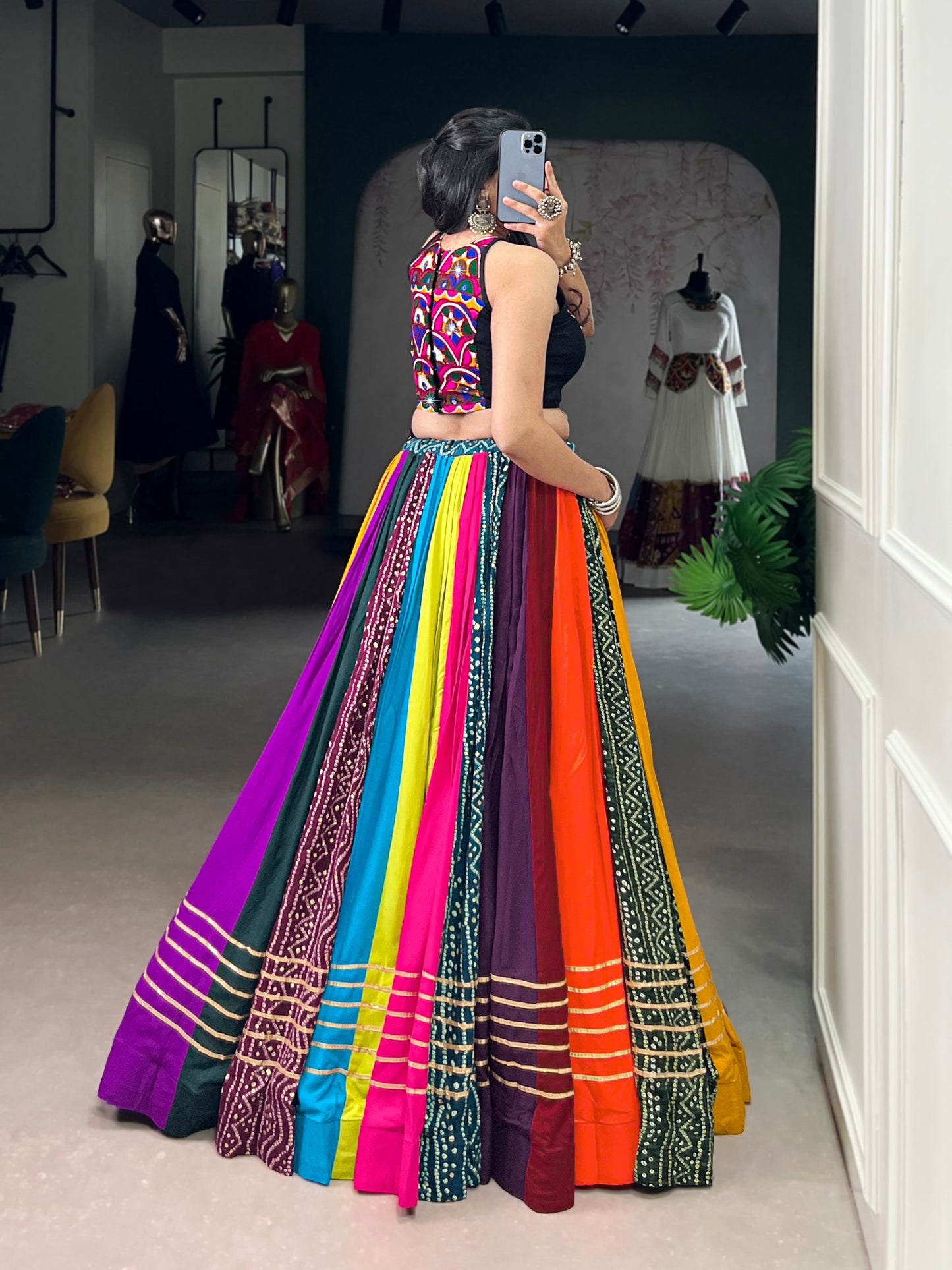 RangBhoomi Rainbow Rasiya Navratri Multicolour Pure Rayon Lehenga Set