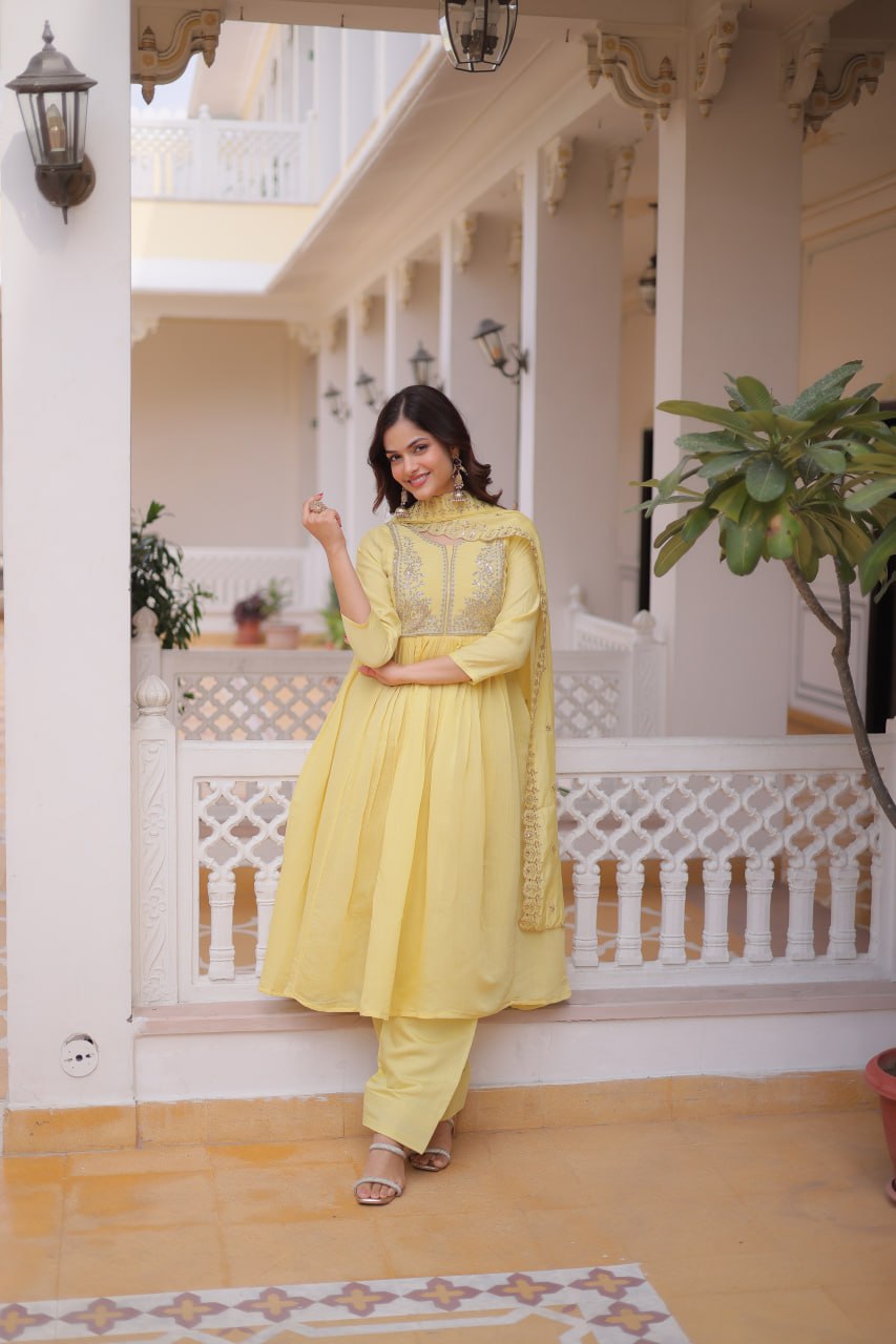 Premium Ready-to-Wear Mal Mal Chanderi Gown Set with Roman Silk Pants and Embroidered Dupatta