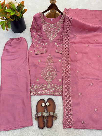 Elegant Designer Party Wear Top, Palazzos, and Dupatta Set with Intricate Heavy Embroidery and Beaded Detailing
