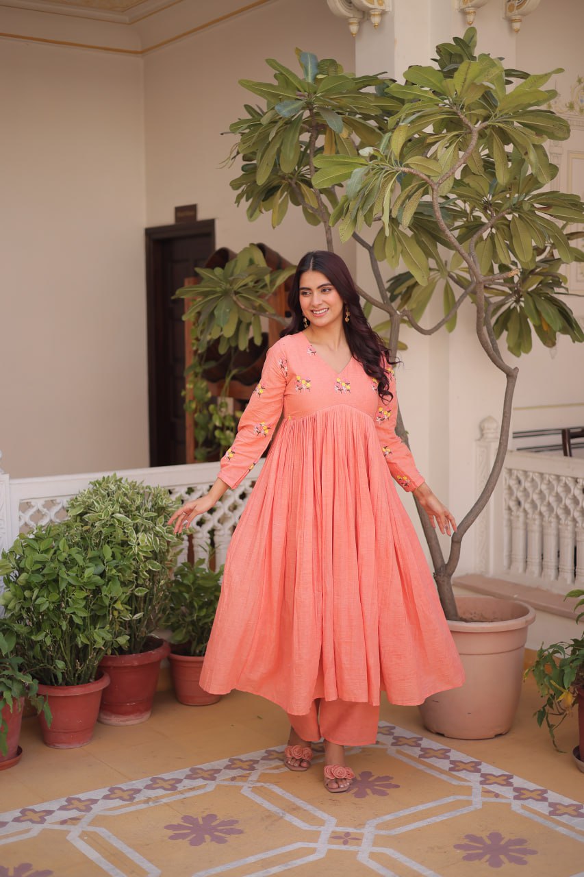 Premium Ready-to-Wear Embroidered Cotton Kurti with Matching Cotton Pants