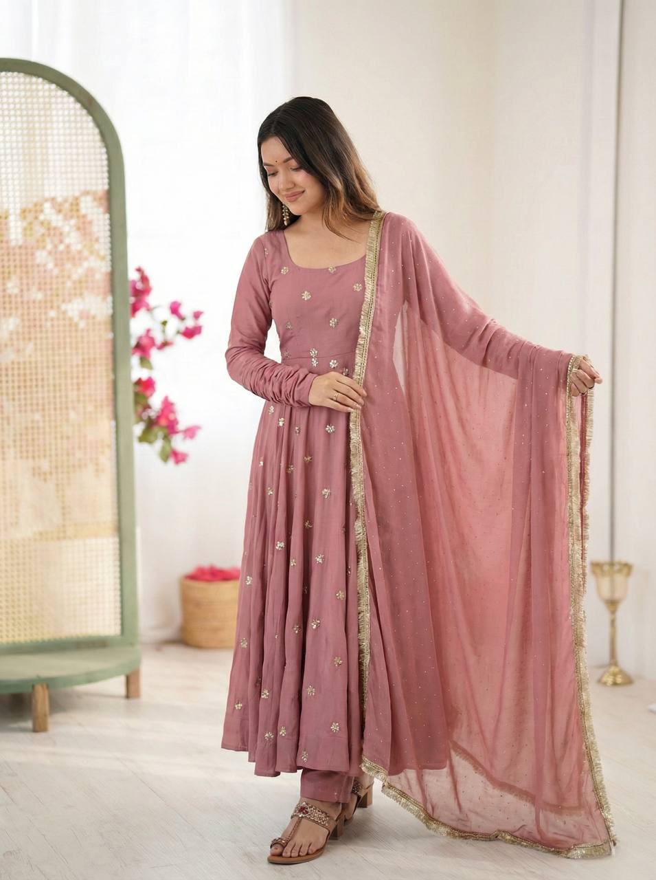 Elegant Ready-to-Wear Designer Gown and Dupatta Set in Roman Silk with Exquisite Embroidery