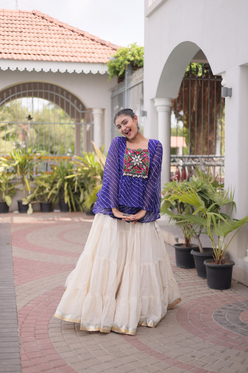 RangBhoomi Navratri Lehenga Choli Set — Kora Cotton Frill with Laheriya Print