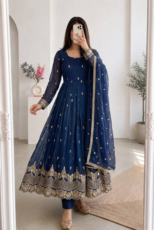 RangBhoomi Designer Embroidered Heavy Crunchy Silk Gown Set with Dupatta & Pants