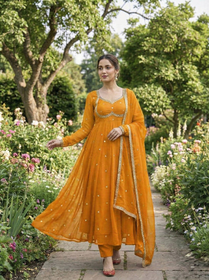 Elegant Party Wear Fendi Satin Gown Set with Dupatta and Pants Featuring 3MM Rembo Sequin and Zari Embroidery
