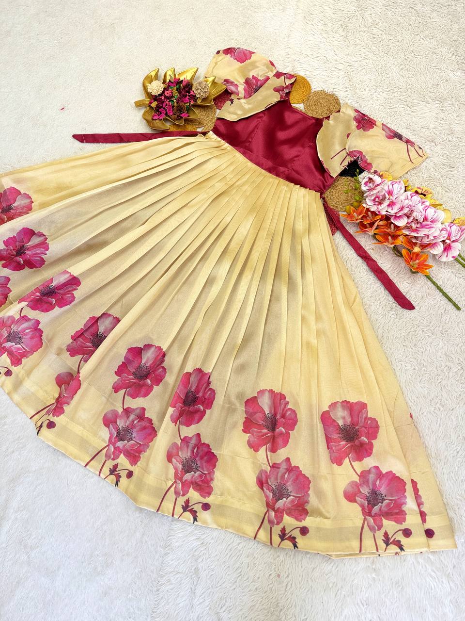 Elegant Floral Printed Silk Gown – Add a Glamorous Touch to Your Festive Wardrobe