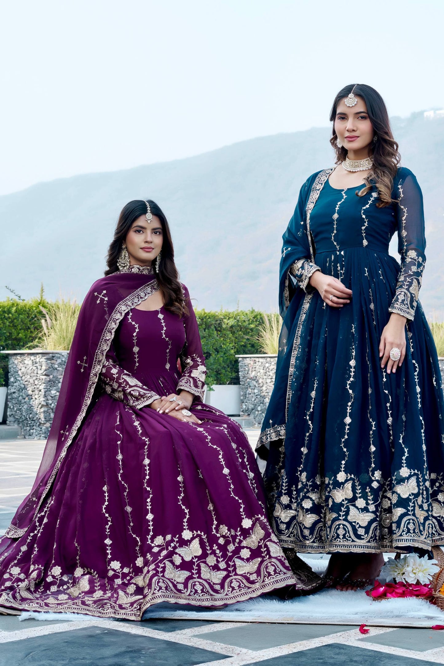 RangBhoomi Festival Long Gown with Matching Dupatta – Elegant Fox Georgette Ensemble with Heavy Sequin Embroidery