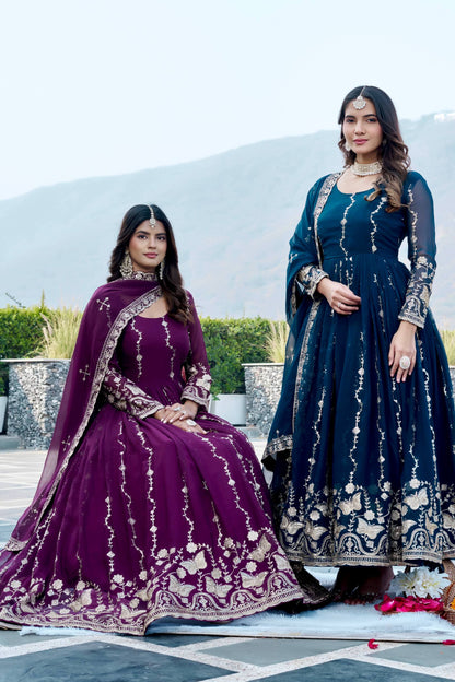 RangBhoomi Festival Long Gown with Matching Dupatta – Elegant Fox Georgette Ensemble with Heavy Sequin Embroidery