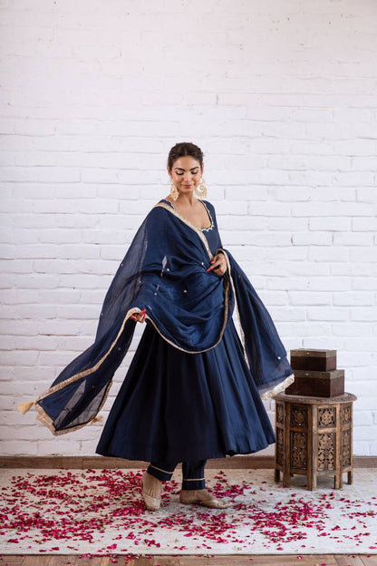 Elegant Anarkali Evening Gown with Beaded Detailing, Full Sleeves, and Vichitra Silk Fabric - Includes Bottom and Dupatta