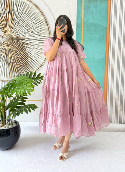 Elegant Floral Mull Cotton Chanderi Midi Gown for Summer – Embroidered, Fully Stitched, Available in Multiple Sizes