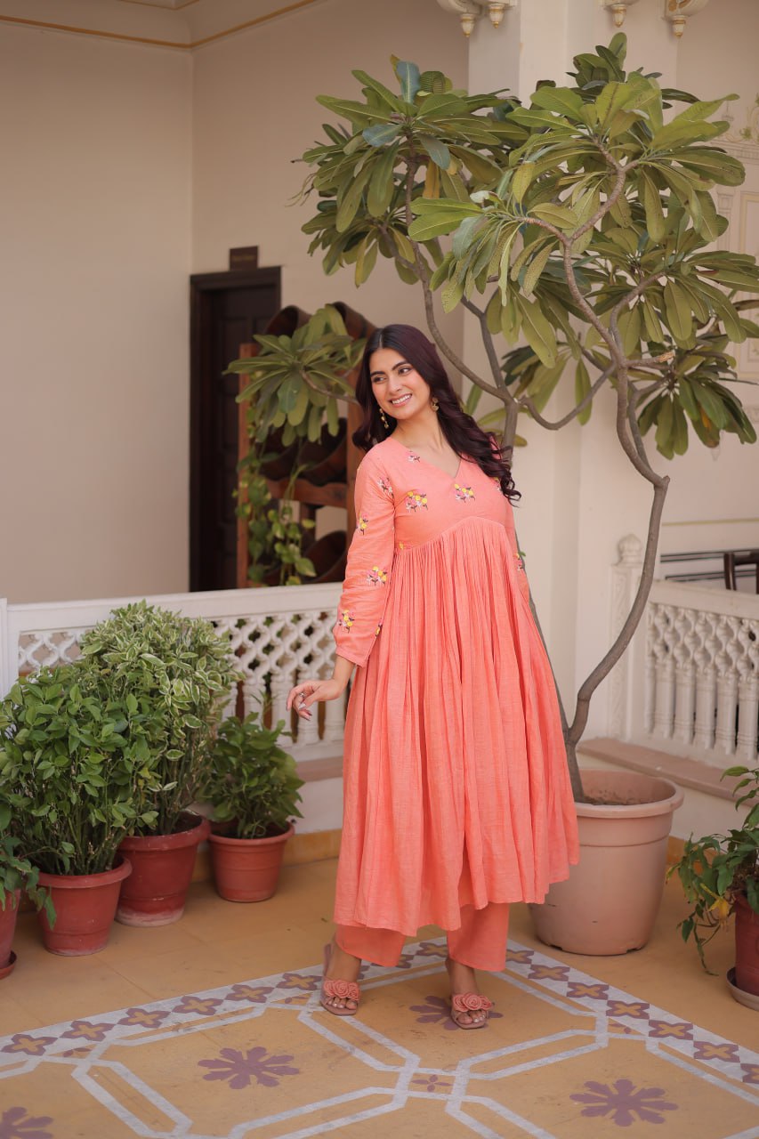 Premium Ready-to-Wear Embroidered Cotton Kurti with Matching Cotton Pants