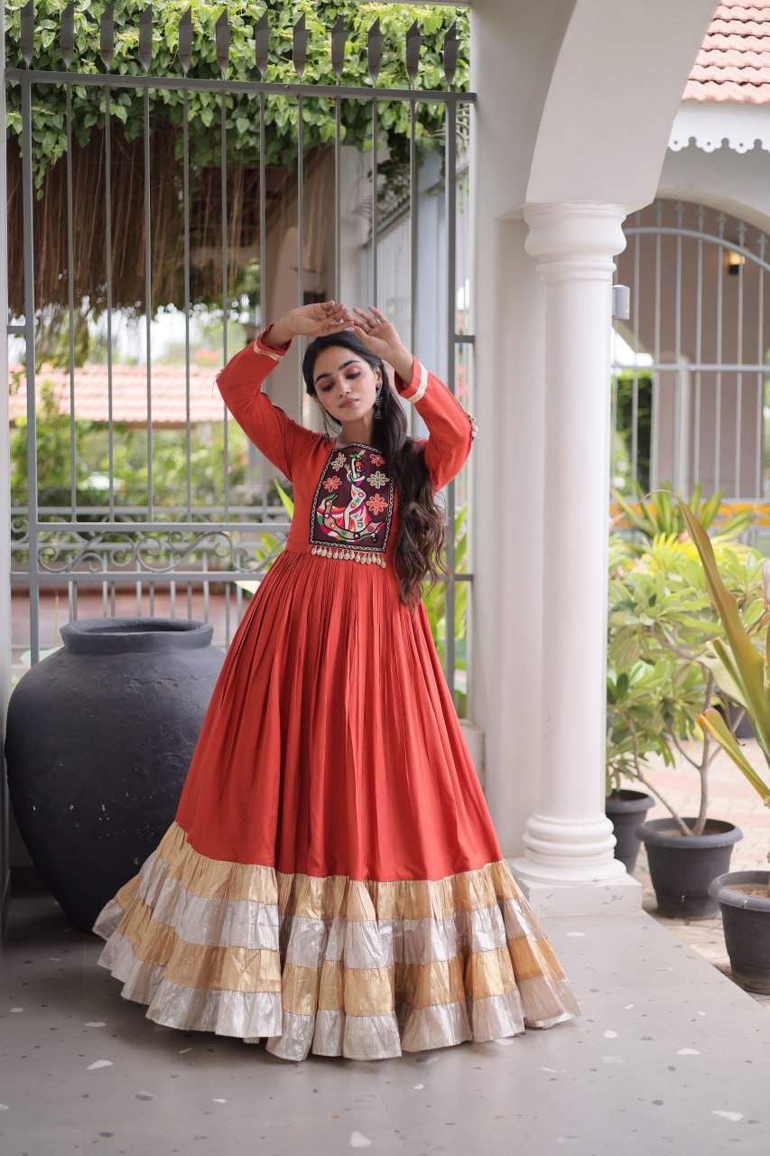 RangBhoomi Navratri Gown Collection 2026 — 14KG Rayon Kutchi Gamthi Thread Work, 12m Flair