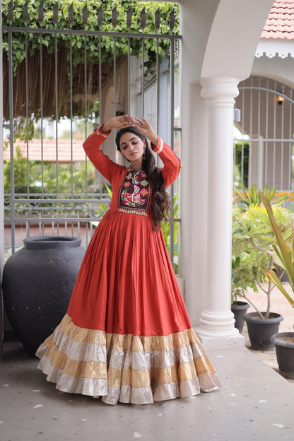 RangBhoomi Navratri Gown Collection 2026 — 14KG Rayon Kutchi Gamthi Thread Work, 12m Flair