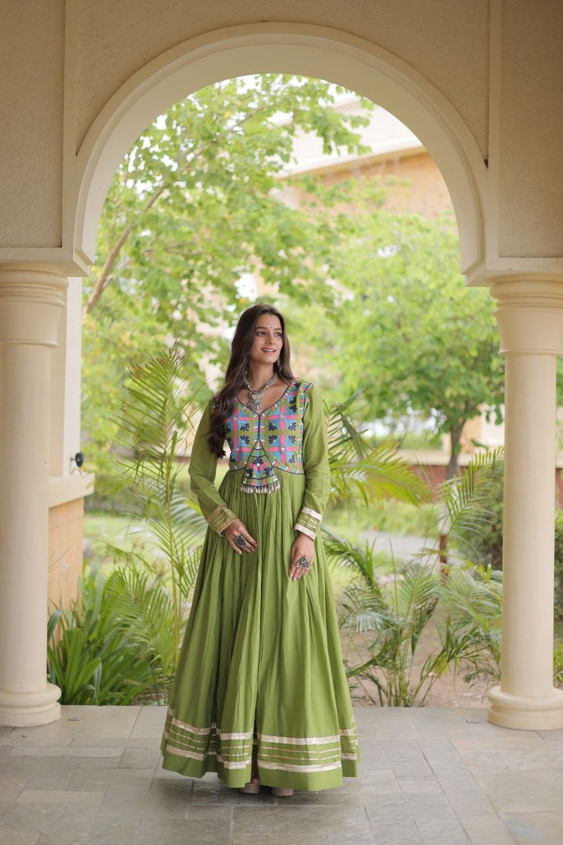 RangBhoomi Navratri Embroidered Kora Cotton Gown — Parrot & Off-White