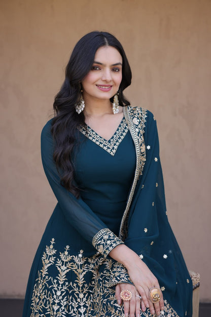 RangBhoomi Premium Readymade Gown with Pant & Dupatta Set - Embroidered Faux Blooming Festive Ensemble