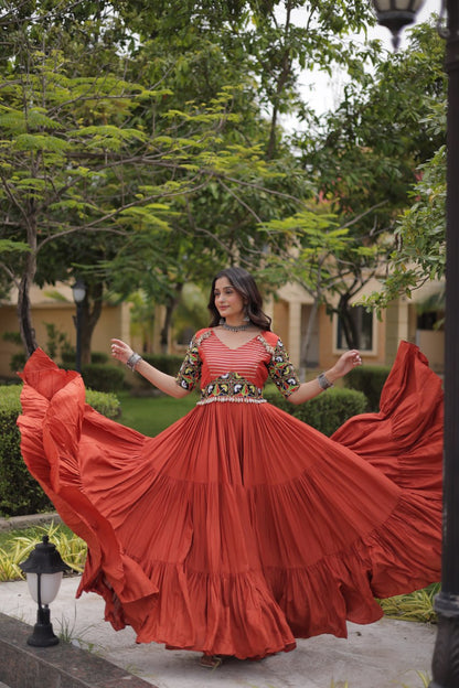 RangBhoomi Navratri Gown 2026 — Rust & Black Embroidered Multi-Tiered Festive Gown
