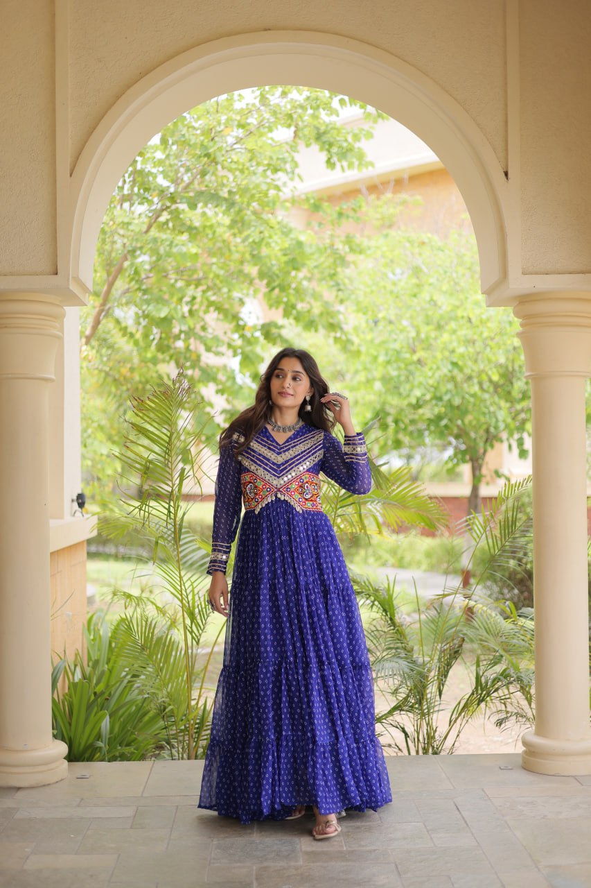 RangBhoomi Bandhani & Kutchi Patchwork Faux Georgette Gown — Navratri Special