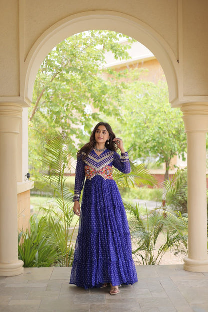 RangBhoomi Bandhani & Kutchi Patchwork Faux Georgette Gown — Navratri Special