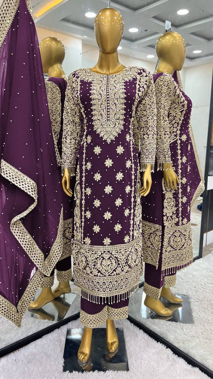 New Collection Faux Georgette Ensemble with Intricate Heavy Embroidery, Sequin Detailing, and Fully Stitched Ready-to-Wear Top, Bottom, and Dupatta Set
