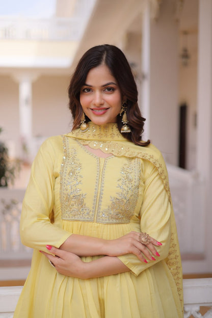 Premium Ready-to-Wear Mal Mal Chanderi Gown Set with Roman Silk Pants and Embroidered Dupatta