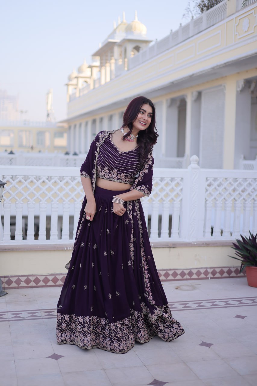 Elegant Lehenga Choli and Dupatta Set with Intricate Sequins and Zari Embroidery