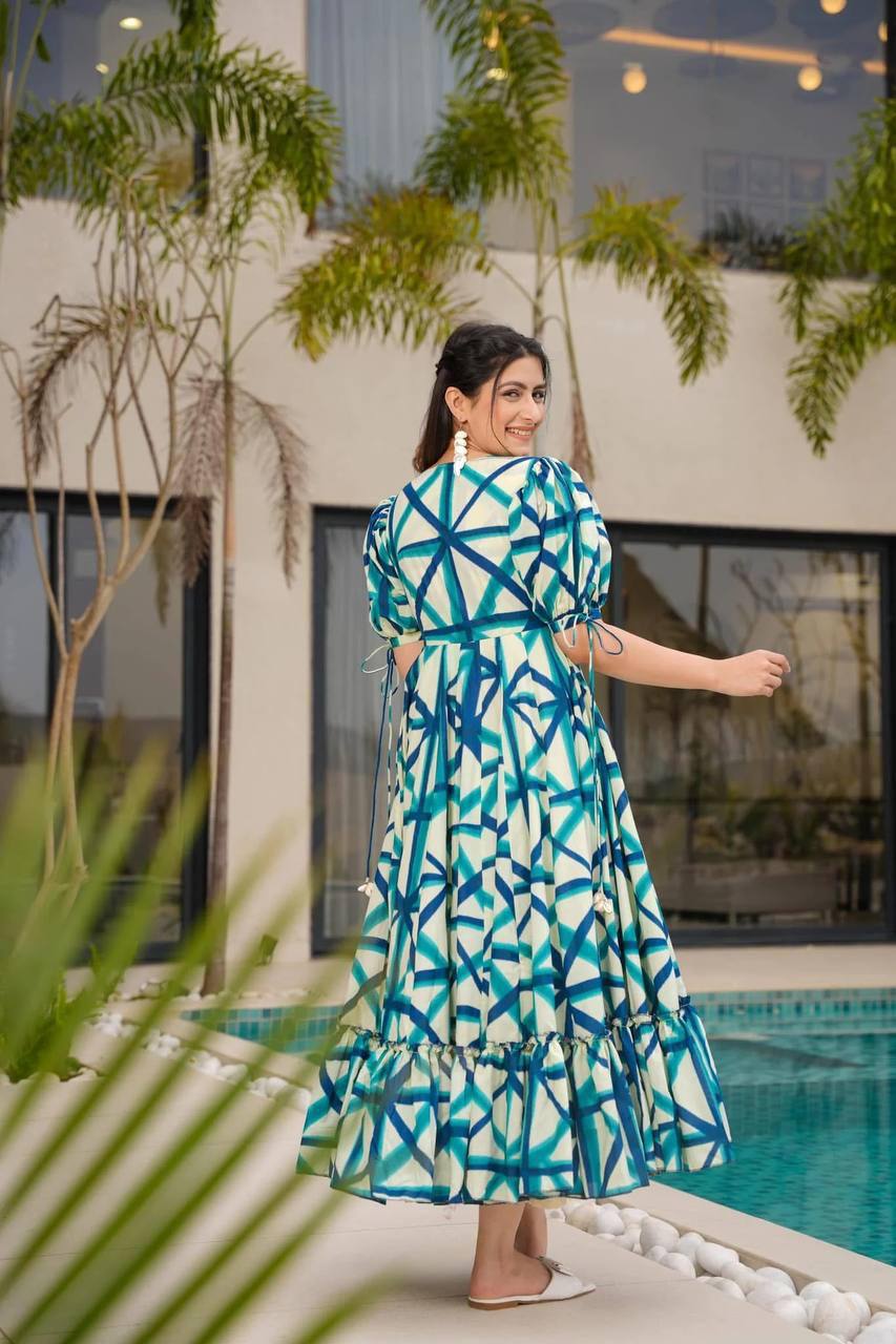 Back view of the blue-dark blue-white Sajda Maxi Dress.