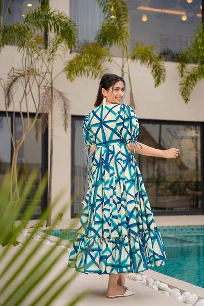 Back view of the blue-dark blue-white Sajda Maxi Dress.