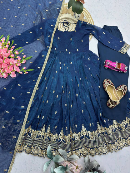 RangBhoomi Designer Embroidered Heavy Crunchy Silk Gown Set with Dupatta & Pants