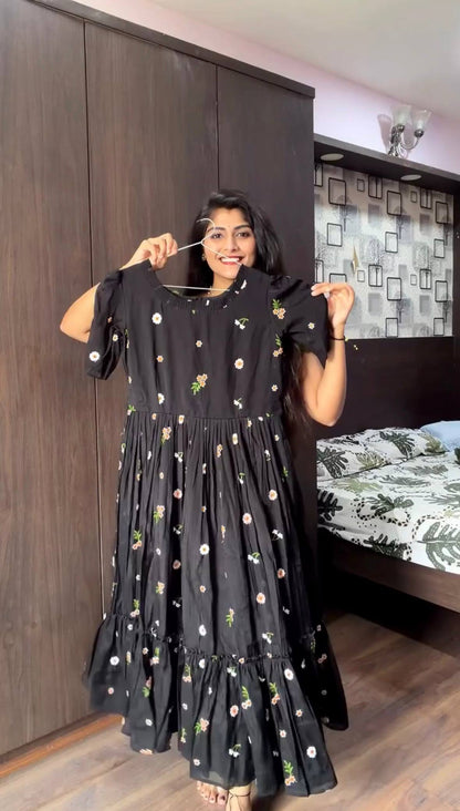 Exclusive Summer Mull Chanderi Gown with Floral Embroidered Thread Work – Elegance and Comfort Perfectly Combined
