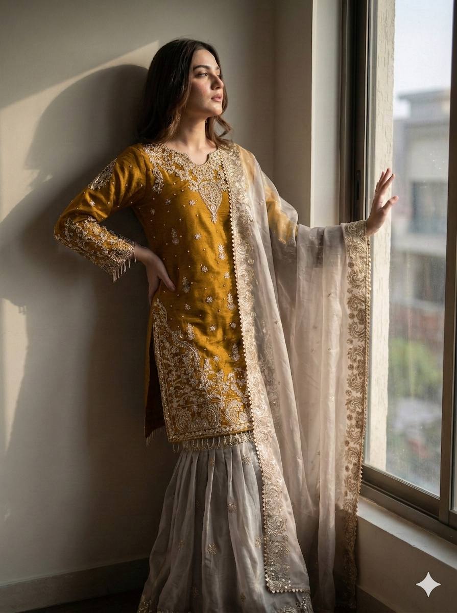 RangBhoomi Exclusive Designer Partywear Set – Pure Heavy GMY Silk with Elaborate Embroidery and Sequins
