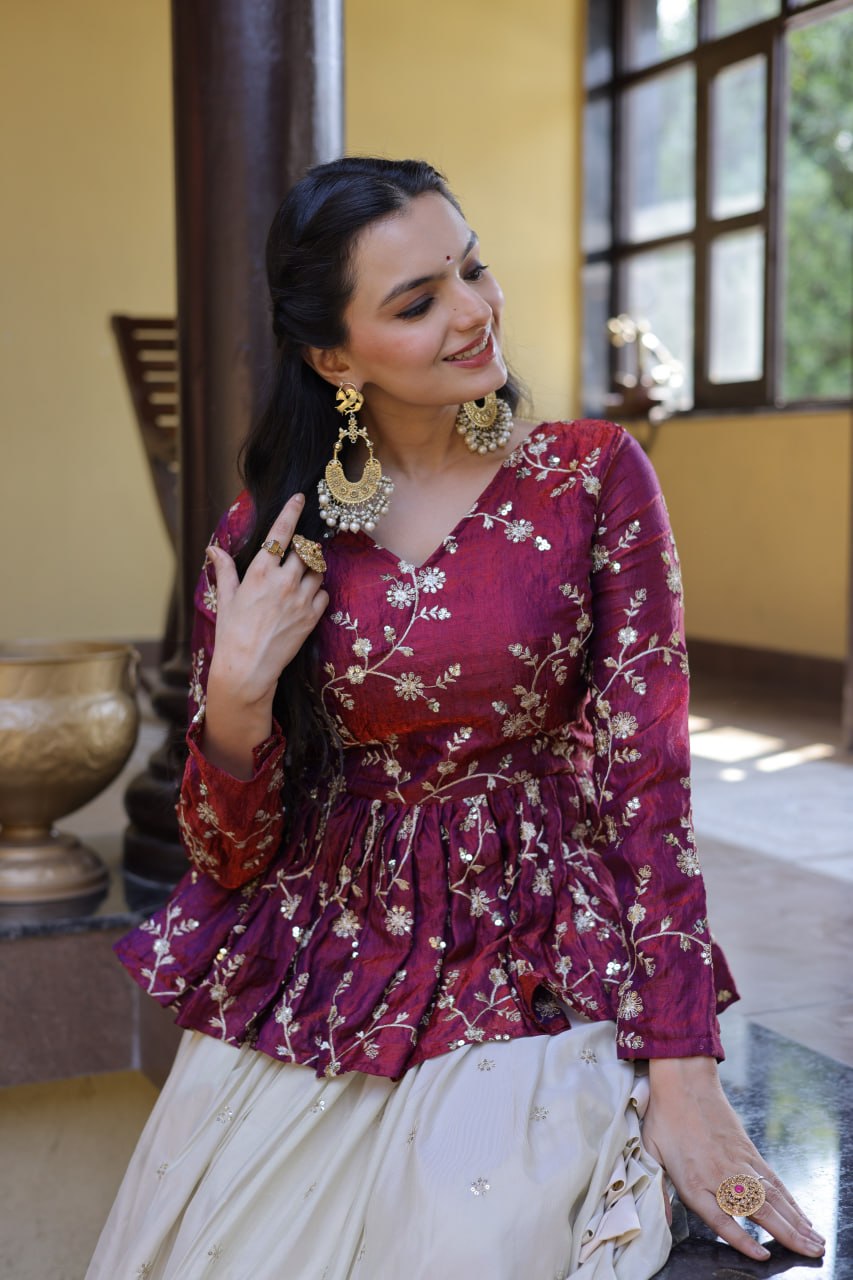RangBhoomi Elegant Silk Embroidered Crop Top Set with Flared Lehenga and Sequined Detailing