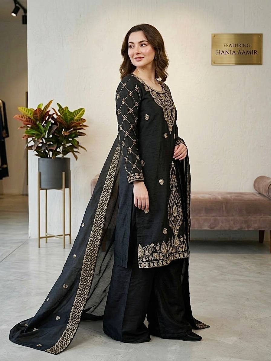 Elegant Designer Party Wear Top, Palazzos, and Dupatta Set with Intricate Heavy Embroidery and Beaded Detailing
