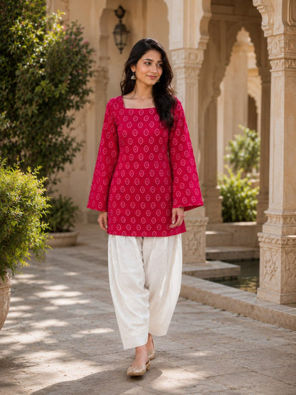 RangBhoomi Premium Cotton Bandhej Printed Top and Linen Cotton Farsi Style Pant Set