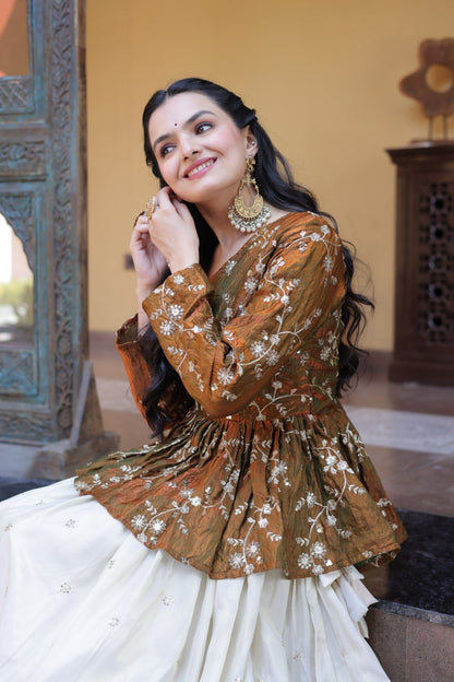 RangBhoomi Elegant Silk Embroidered Crop Top Set with Flared Lehenga and Sequined Detailing
