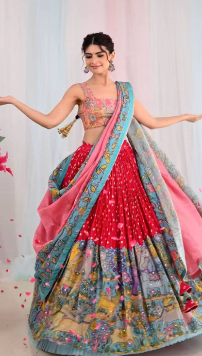 Model displaying the elegant flow of the Kalamkari Lehenga Choli.