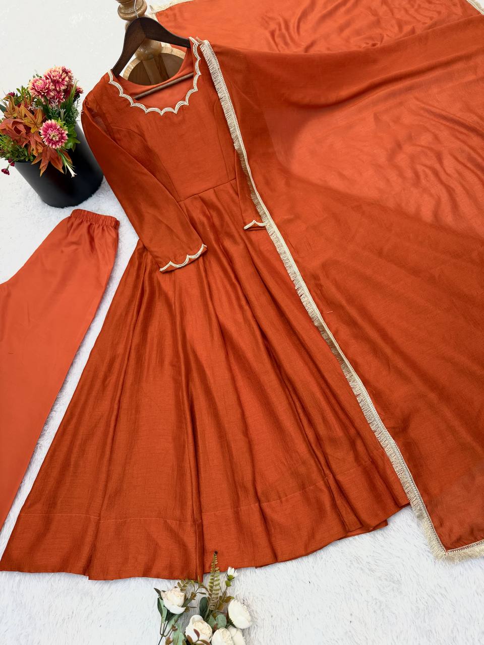 Elegant Anarkali Evening Gown with Beaded Detailing, Full Sleeves, and Vichitra Silk Fabric - Includes Bottom and Dupatta