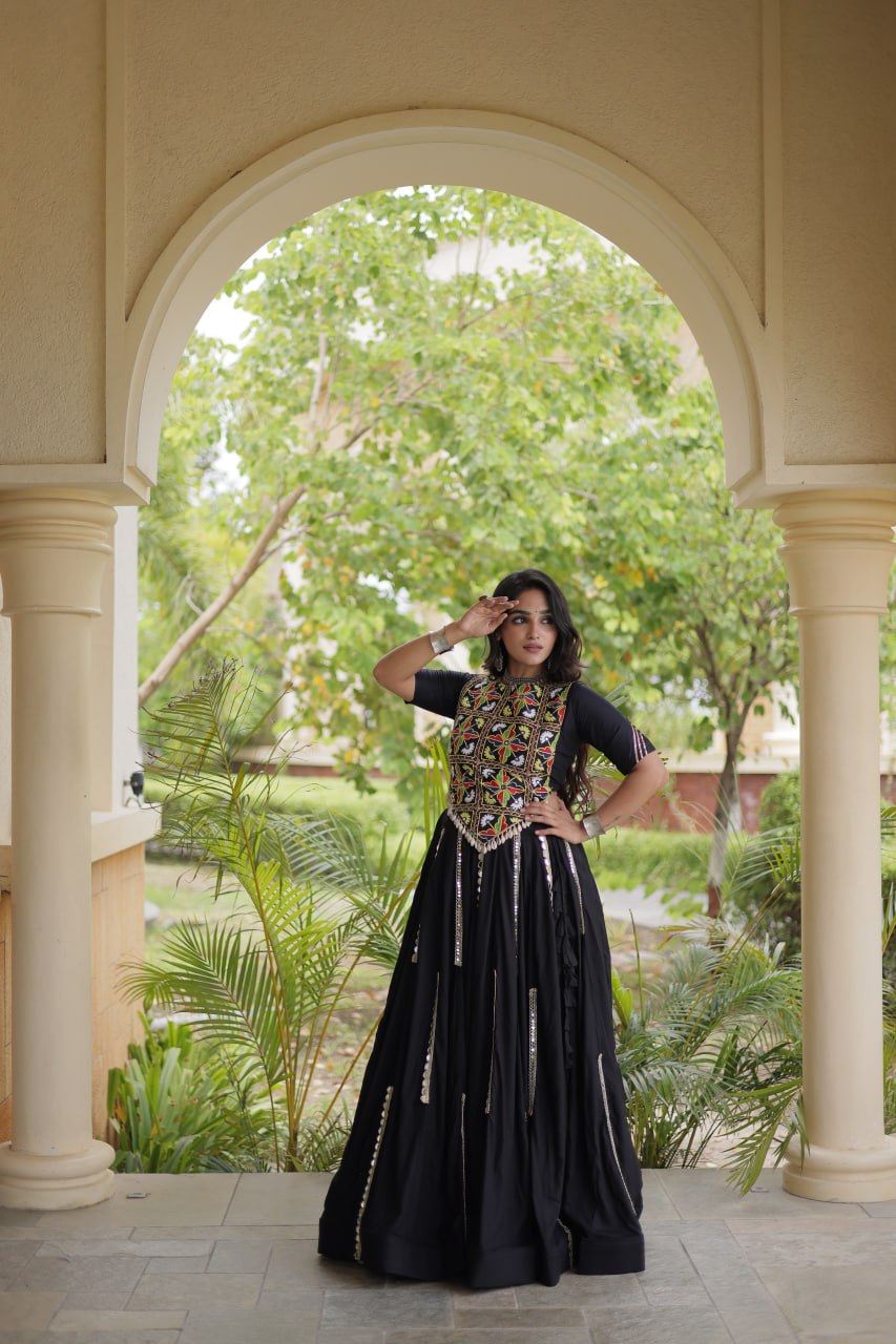 RangBhoomi Navratri Reflective Rayon Lehenga Set with Mirror & Gota Lace (Black, Maroon, White)