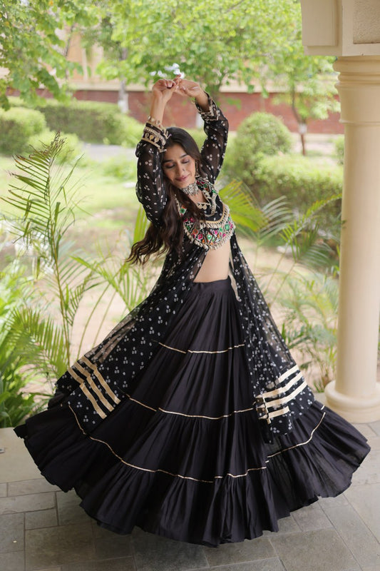 RangBhoomi Navratri 2026 Lehenga & Kurti Set – Kora Cotton Lehenga with Bandhni Faux Georgette Kurti (L, 40" Stitched)