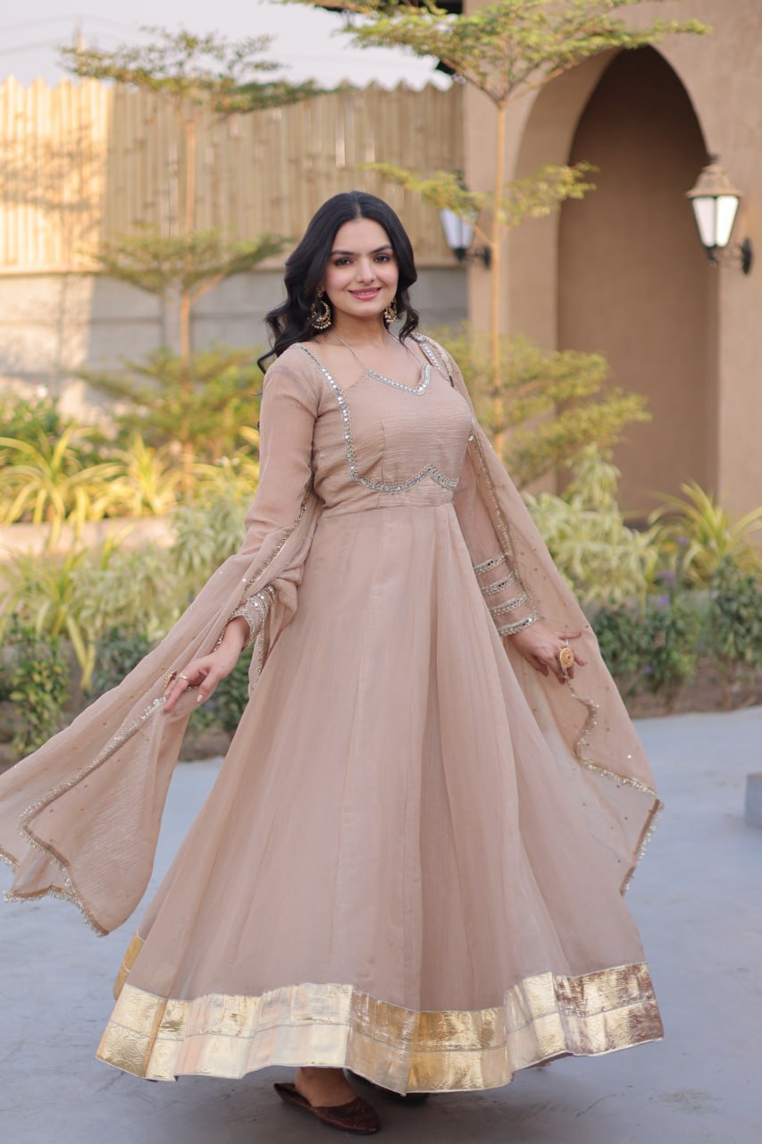 RangBhoomi Silver Mirror Lace Gown with Dupatta - Elegant Occasion Wear