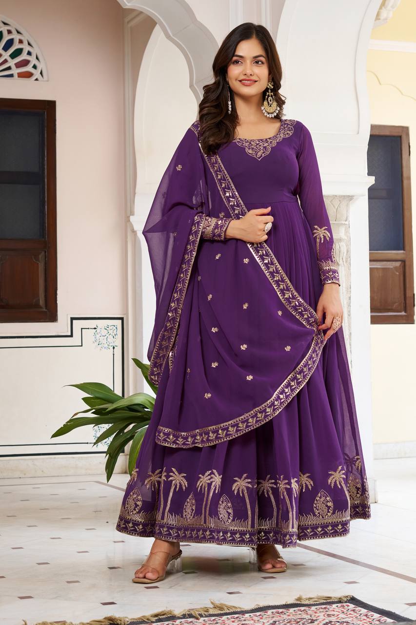 RangBhoomi Elegant SP Series Gown Set with Realistic Modeling - Faux Georgette & Microfiber Fabric, Thread and Sequence Embroidery